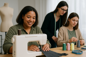 Três mulheres participam de um curso de corte e costura presencial em uma sala bem iluminada. Uma delas está sorrindo enquanto opera uma máquina de costura com tecido escuro, enquanto as outras duas trabalham com linhas e observam atentamente o processo, rodeadas por carretéis coloridos e materiais de costura sobre uma mesa de madeira.
