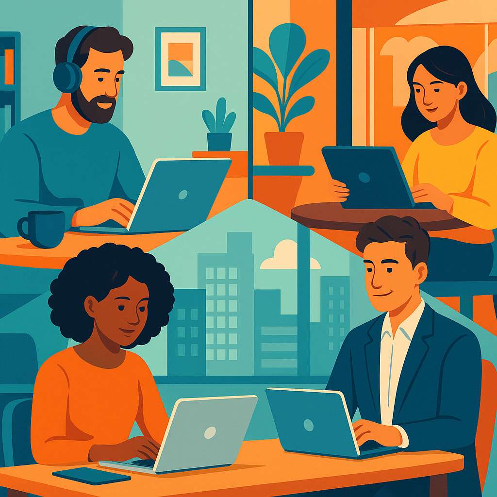 Ilustração digital vibrante de pessoas em diferentes ambientes — casa, café e escritório — todas conectadas a laptops e tablets, representando a diversidade de áreas de estudo online em uma atmosfera moderna e colaborativa.