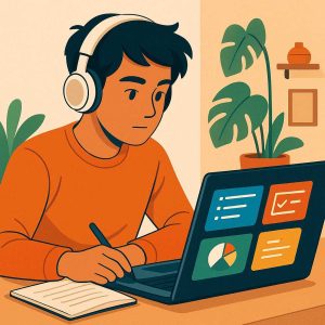 Ilustração moderna de estudante jovem com fones de ouvido, concentrado em laptop com aplicativos de produtividade, em ambiente aconchegante com plantas ao fundo.
