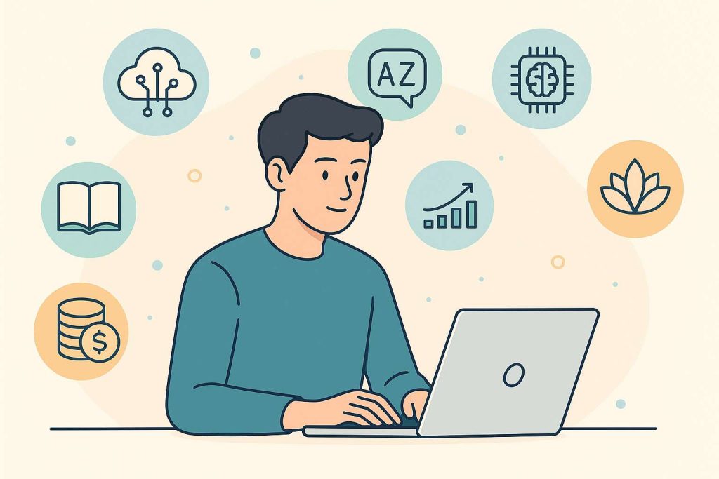 Ilustração minimalista de um estudante usando notebook, cercado por ícones flutuantes de cursos online de tecnologia, finanças, idiomas e bem-estar em estilo futurista e cores suaves.