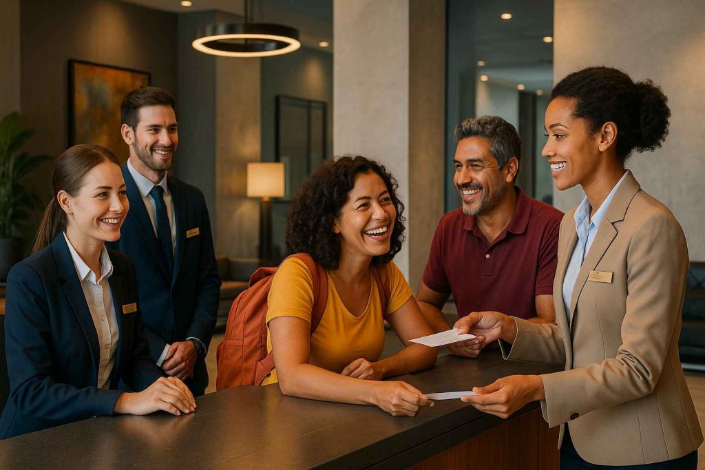 Profissionais de hotelaria em um balcão de recepção moderno interagindo em espanhol com turistas latino-americanos sorridentes, em um ambiente acolhedor e contemporâneo.
