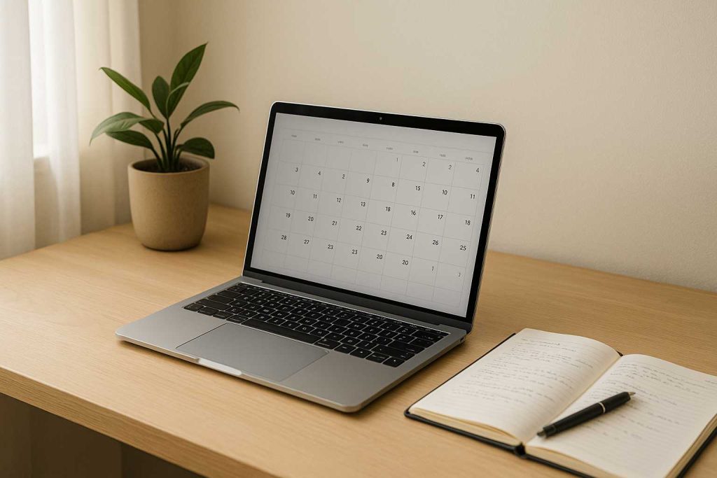 Mesa minimalista com notebook aberto exibindo calendário online, caderno com anotações e luz natural iluminando o ambiente organizado.