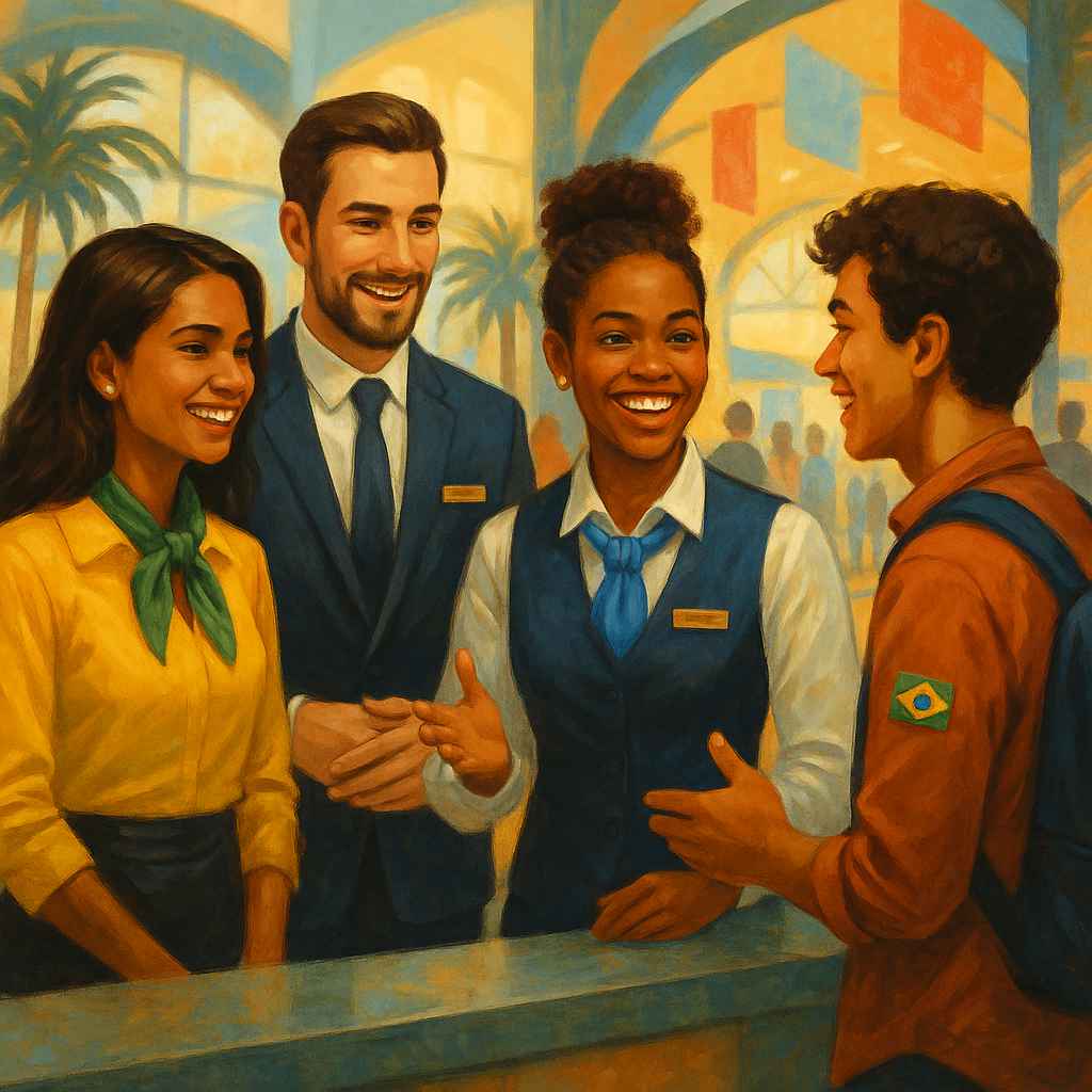 Ilustração semi-realista de profissionais brasileiros de atendimento em uniforme interagindo calorosamente em espanhol com turista em ambiente vibrante de aeroporto ou centro cultural, simbolizando troca cultural e aprendizado de idiomas.