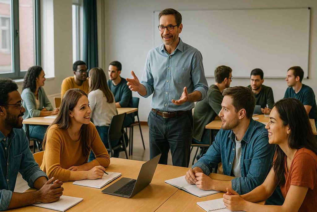 Sala de aula moderna de cursos presenciais com estudantes interagindo em pequenos grupos.