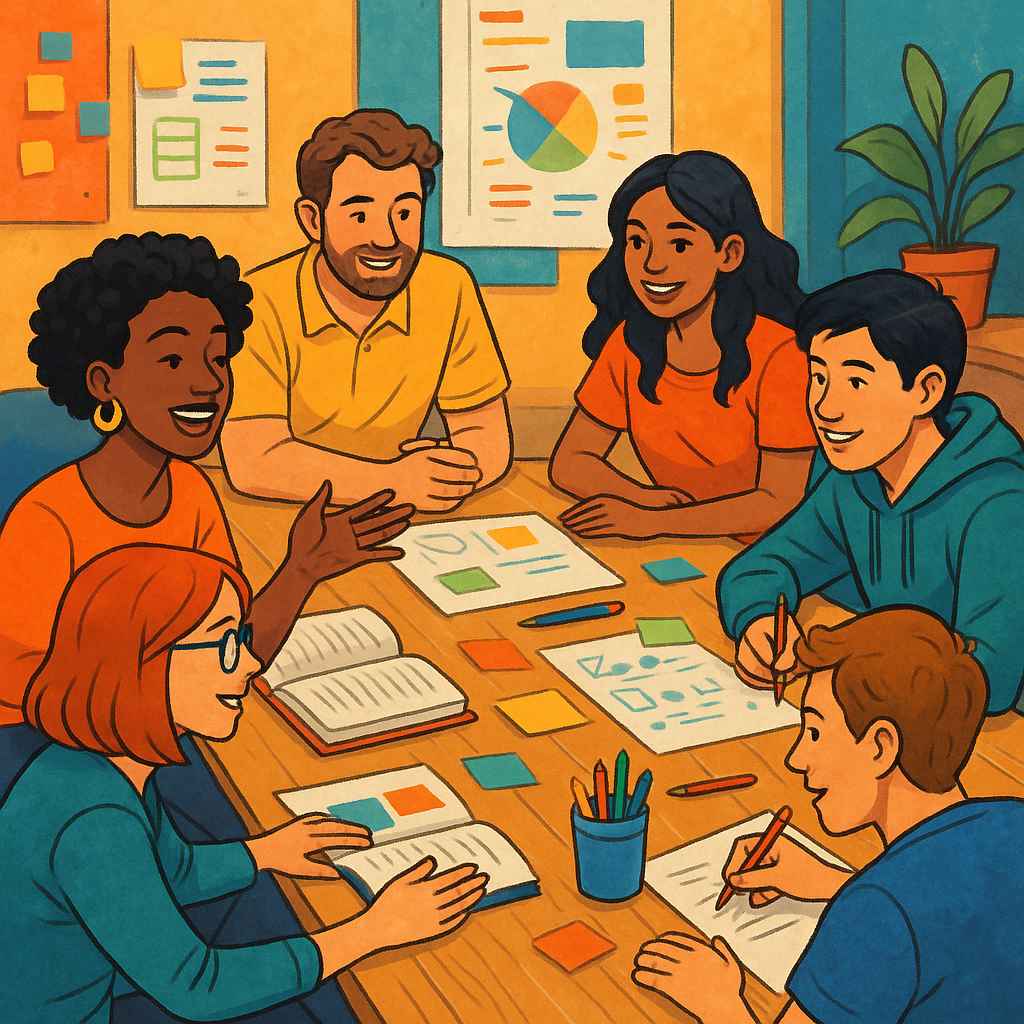 Ilustração digital vibrante de pessoas reunidas em um workshop criativo, trocando ideias em uma mesa compartilhada cheia de materiais de estudo.