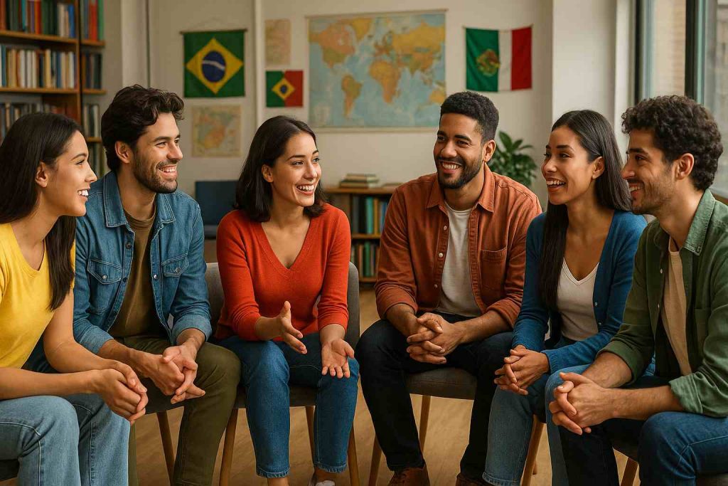 Jovens de diferentes origens latino-americanas participando de uma roda de conversa em espanhol, com livros, mapas e bandeiras ao fundo, em estilo realista e iluminação natural suave.