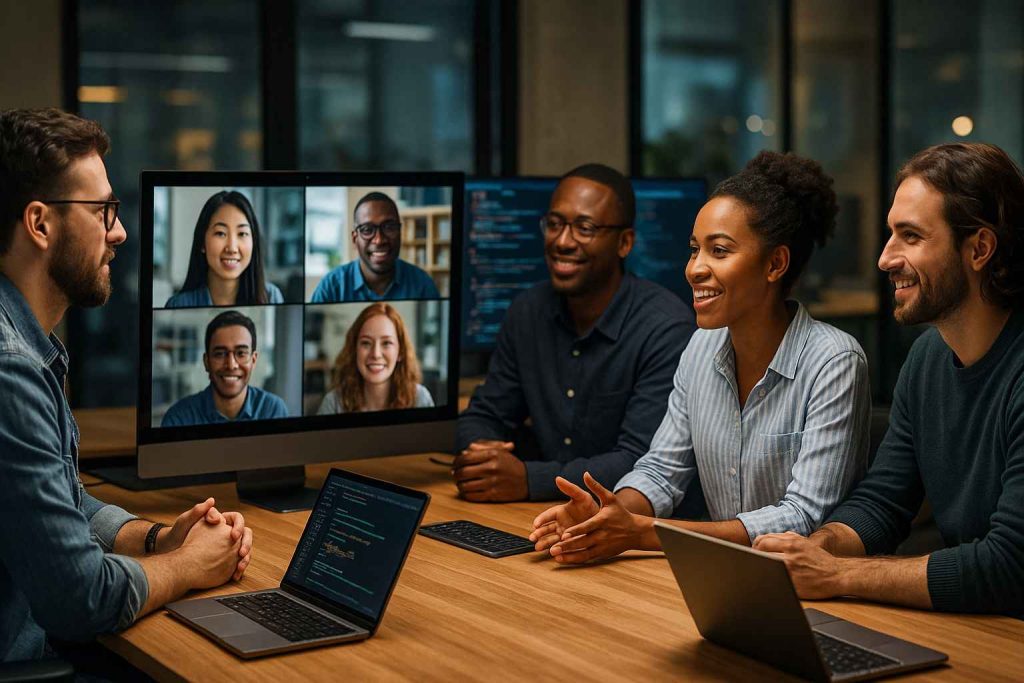Profissionais de tecnologia reunidos em um escritório moderno, conectados em videoconferência em inglês com colegas internacionais, telas exibindo códigos e gráficos, atmosfera colaborativa e iluminação suave.