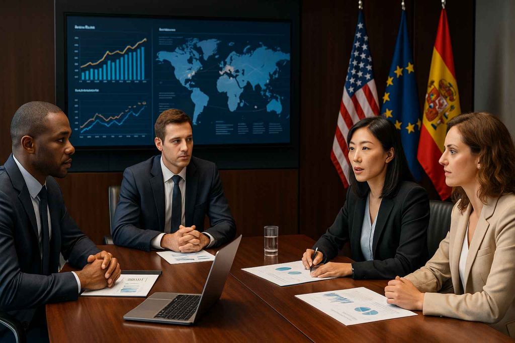Profissionais de diferentes nacionalidades em uma sala de conferências moderna, discutindo estratégias em espanhol diante de gráficos digitais e bandeiras ao fundo, em estilo realista com iluminação sofisticada.