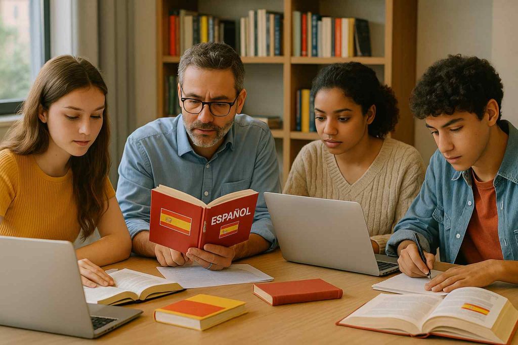 Sala de estudo moderna com quatro estudantes de diferentes idades revisando materiais de espanhol, usando laptops e livros em ambiente iluminado e colaborativo.