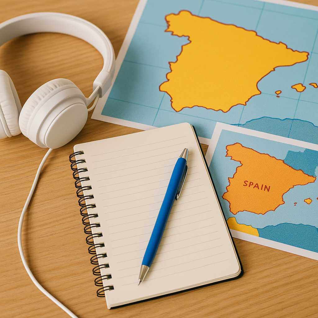 Mesa de estudo com fones de ouvido brancos, caderno aberto e caneta azul, acompanhados de mapas da Espanha e da América Latina ao fundo, em estilo clean, realista e vibrante.