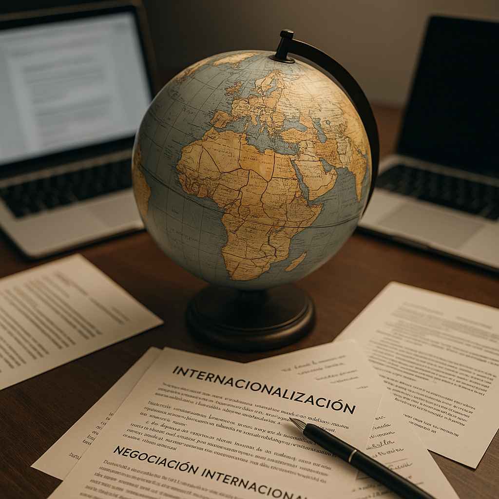 Close de um globo terrestre sobre mesa de trabalho, cercado por laptops e documentos em espanhol, transmitindo cooperação global em estilo realista detalhado.