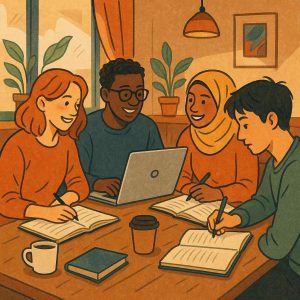 Ilustração contemporânea e colorida mostrando quatro pessoas diversas estudando juntas em um café aconchegante, com laptops, cadernos e uma atmosfera calorosa de troca cultural.