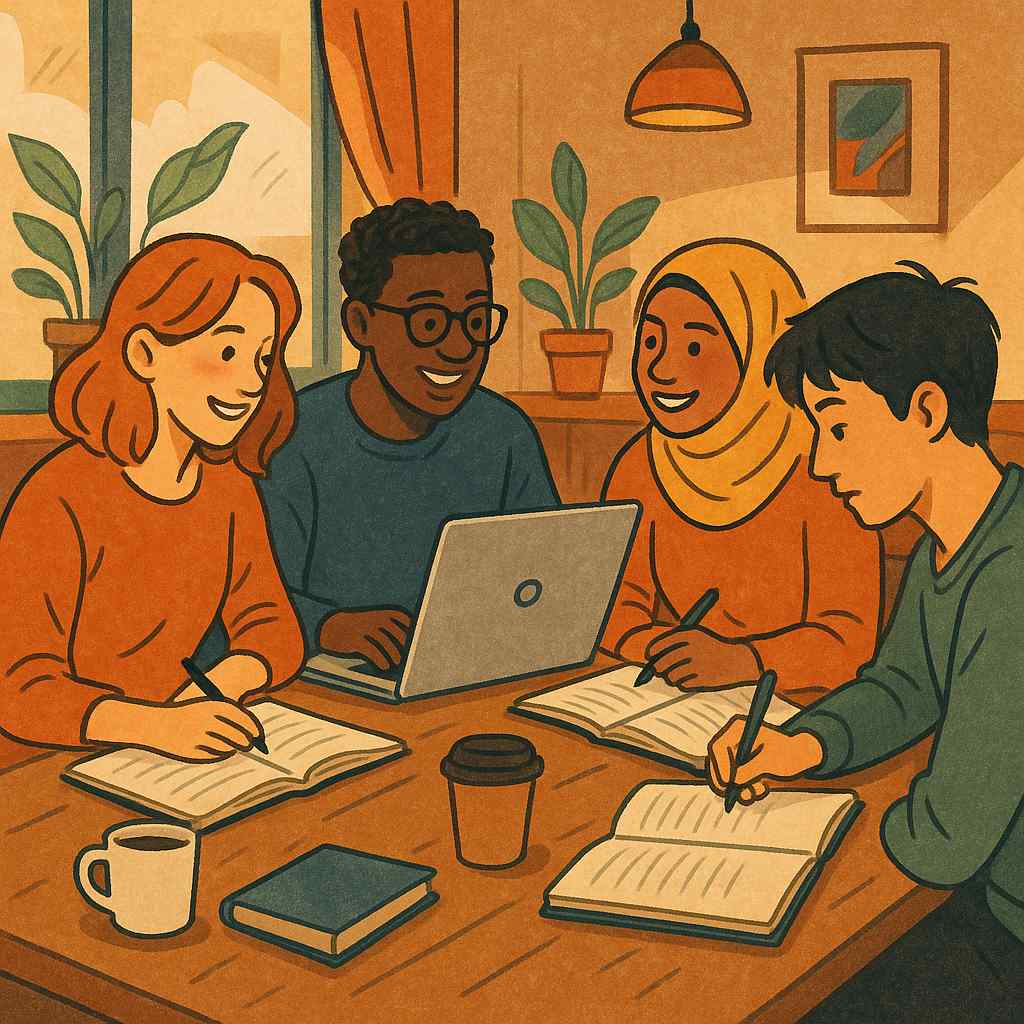 Ilustração contemporânea e colorida mostrando quatro pessoas diversas estudando juntas em um café aconchegante, com laptops, cadernos e uma atmosfera calorosa de troca cultural.