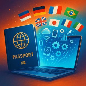 Ilustração digital mostrando um passaporte estilizado se transformando em notebook, de onde emergem ícones de tecnologia e bandeiras de diferentes países, com cores vibrantes e atmosfera de conexão global.