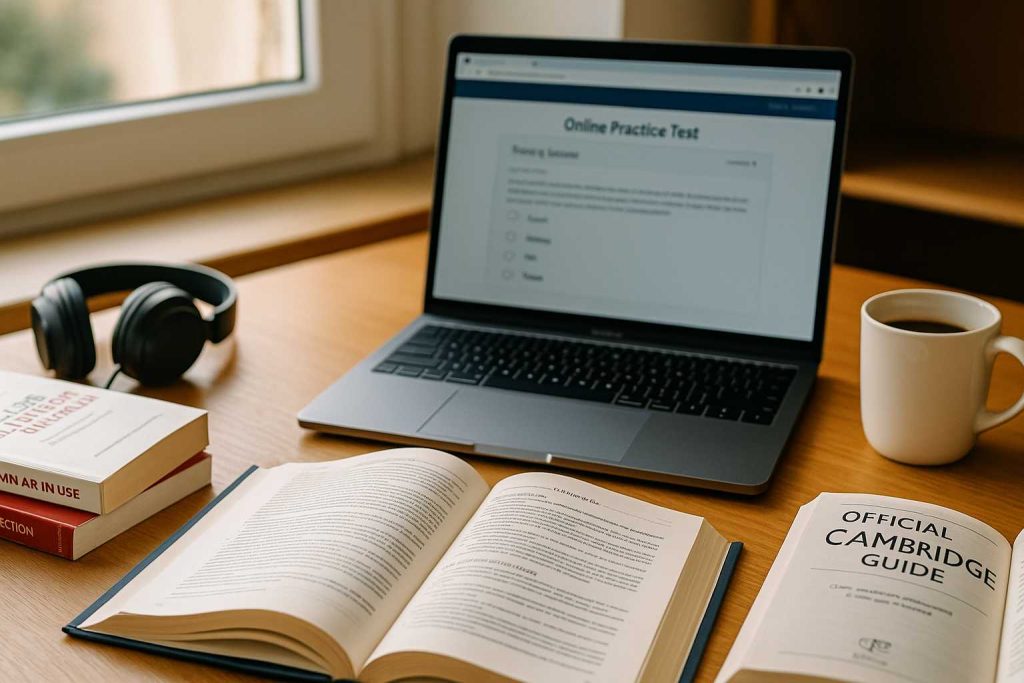 Uma mesa de estudo iluminada pela luz natural, com livros de inglês abertos, um laptop exibindo um simulado online, fones de ouvido e uma xícara de café, transmitindo um ambiente moderno e inspirador de aprendizado.