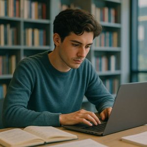 Jovem estudante concentrado em frente a um laptop em uma biblioteca moderna, cercado por estantes de livros e anotações, transmitindo foco e dedicação ao estudo em um ambiente semirrealista com cores suaves