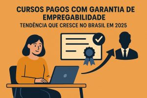 Ilustração de uma mulher estudando em um laptop, com um certificado e o ícone de uma pessoa em terno ao fundo, representando a conexão entre formação e empregabilidade. O título no topo diz “Cursos pagos com garantia de empregabilidade — tendência que cresce no Brasil em 2025”.