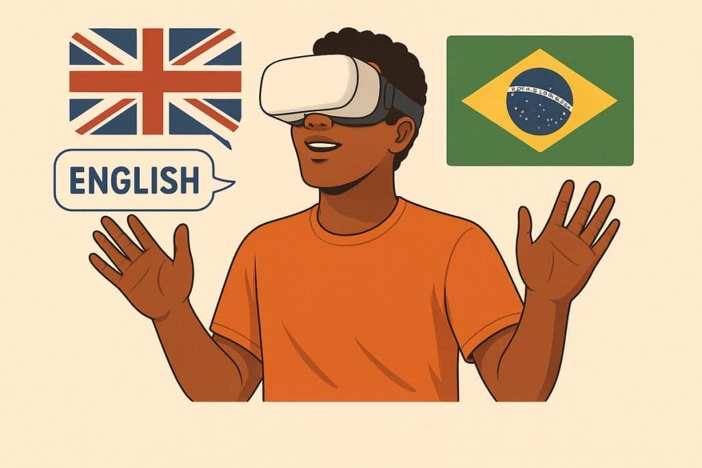 Ilustração digital em estilo plano mostrando um homem brasileiro de pele morena usando óculos de realidade virtual para aprender inglês. Ele veste uma camiseta laranja e sorri com as mãos erguidas. Ao fundo, aparecem a bandeira do Reino Unido e a do Brasil, com um balão de fala contendo a palavra “ENGLISH”.