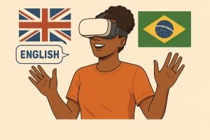 Ilustração digital em estilo plano representando uma mulher brasileira de pele morena e cabelo cacheado preso em um coque, usando um visor de realidade virtual durante uma aula de inglês. Ela veste camiseta laranja e sorri com as mãos levantadas. Atrás dela, estão as bandeiras do Reino Unido e do Brasil, e um balão de fala com a palavra “ENGLISH”.