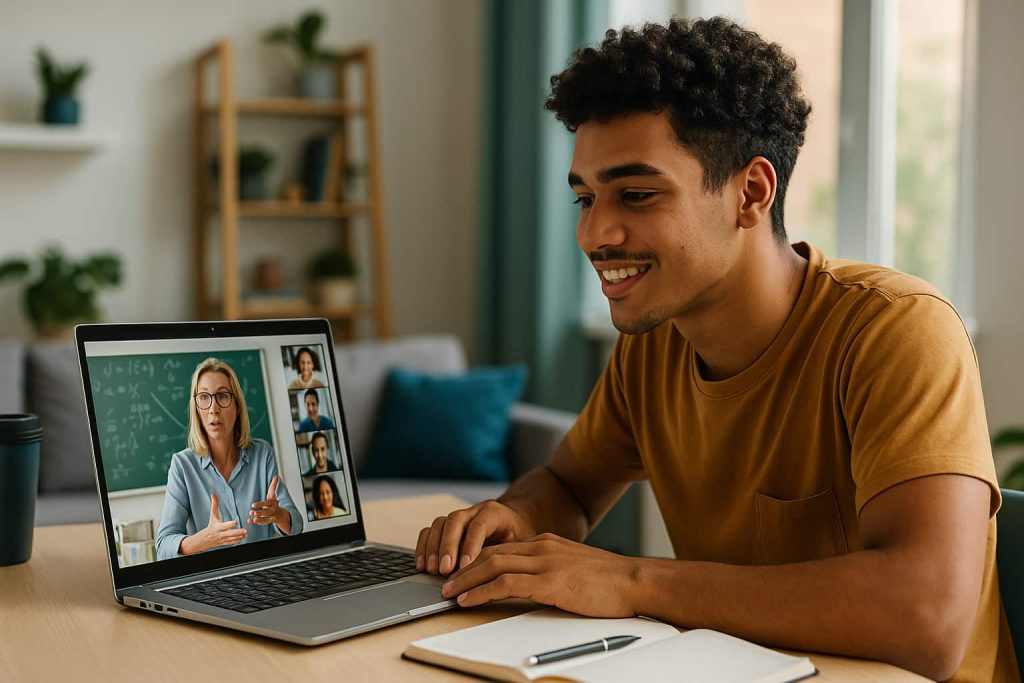 Jovem brasileiro estudando em casa, assistindo a uma aula internacional em plataformas de estudo no notebook, em ambiente moderno e iluminado por luz natural.
