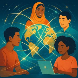 Ilustração moderna de pessoas de diferentes países conectadas por linhas luminosas ao redor do planeta Terra, simbolizando aprendizado global e troca de conhecimento digital.