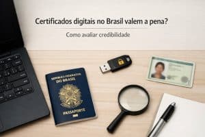 Composição sobre certificados digitais no Brasil, mostrando um notebook aberto à esquerda, um passaporte brasileiro sobre a mesa, um token USB de segurança com ícone de cadeado, um documento de identidade com foto de pessoa não identificada, uma lupa e um bloco de notas com caneta. Ao fundo, o texto “Certificados digitais no Brasil valem a pena? Como avaliar credibilidade”, reforçando o conceito de identificação, segurança e validação digital.