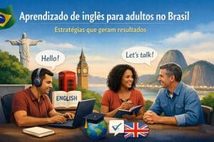 Ilustração sobre aprendizado de inglês para adultos no Brasil, mostrando três adultos em um ambiente de estudo colaborativo. À esquerda, um homem usa fones de ouvido e estuda inglês em um laptop. Ao centro, uma mulher segura um caderno e conversa de forma descontraída. À direita, um homem participa do diálogo, sugerindo prática de conversação. Ao fundo, elementos visuais misturam símbolos do Brasil e do Reino Unido, como o Cristo Redentor, o Big Ben e a bandeira britânica, representando a conexão cultural e o aprendizado do idioma inglês.