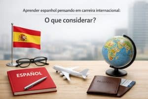 Imagem conceitual sobre aprender espanhol com foco em carreira internacional. Sobre uma mesa de madeira, há um caderno vermelho com a palavra ‘Español’, uma caneta, um passaporte, um avião em miniatura, um globo terrestre e óculos. Ao fundo, aparece a bandeira da Espanha e um cenário urbano desfocado, simbolizando viagens, mobilidade global e o uso do espanhol como ferramenta para oportunidades profissionais internacionais.