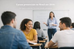 Imagem de uma sala de aula com estudantes adultos sentados em carteiras, interagindo entre si durante uma atividade presencial. Em primeiro plano, uma aluna sorri enquanto conversa com colegas, criando um ambiente de troca e engajamento. Ao fundo, uma professora está em pé diante de um quadro branco, conduzindo a aula e reforçando a importância da interação direta. A cena representa cursos presenciais no Brasil, destacando o contato humano, a colaboração e o aprendizado coletivo como elementos centrais do processo educacional.