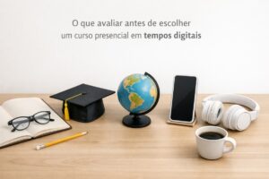 Mesa de estudos em tom claro com objetos educacionais e digitais organizados lado a lado. À esquerda, um caderno aberto com óculos de grau sobre as páginas e um lápis amarelo apoiado à frente. Ao centro, um capelo de formatura preto com tassel amarelo e um globo terrestre destacando as Américas. À direita, um smartphone apoiado em suporte, um fone de ouvido branco e uma xícara de café. Ao fundo, texto em português diz: “O que avaliar antes de escolher um curso presencial em tempos digitais”.