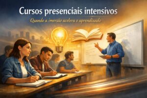Ilustração de uma sala de aula com curso presencial intensivo. Em primeiro plano, três estudantes sentados em carteiras escrevem em cadernos, atentos à aula. À direita, um professor em pé aponta para um quadro branco enquanto segura um tablet. Ao centro da imagem, elementos simbólicos flutuam: uma lâmpada acesa representando ideias e aprendizado, e um livro aberto simbolizando o conhecimento. Ao fundo, silhueta de uma cidade ao entardecer. No topo da imagem, texto diz: “Cursos presenciais intensivos” e, abaixo, “Quando a imersão acelera o aprendizado”. A cena tem estilo ilustrado, com tons quentes e atmosfera inspiradora.