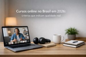 Imagem de capa sobre cursos online no Brasil em 2026. Em primeiro plano, sobre uma mesa de madeira clara, há um notebook aberto exibindo um homem usando fones de ouvido e falando durante uma aula online por videoconferência. Ele gesticula com as mãos enquanto explica o conteúdo, e na parte inferior da tela aparecem miniaturas de outros participantes da chamada. Ao lado do notebook há um par de fones de ouvido pretos apoiados sobre um caderno fechado, uma caneca branca, um bloco de anotações com espiral e uma caneta. Ao fundo, o ambiente é neutro e desfocado, com uma planta decorativa sobre um móvel, transmitindo sensação de organização e ambiente de estudo doméstico. Na parte superior da imagem há o texto: “Cursos online no Brasil em 2026: critérios que indicam qualidade real”.