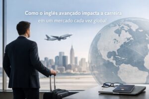 Imagem ilustrativa sobre como o inglês avançado impacta a carreira em um mercado cada vez mais global. Em primeiro plano, um homem de terno escuro está de costas, segurando a alça de uma mala de viagem enquanto observa pela janela um aeroporto com um avião decolando ao fundo. Ao longe, aparece o skyline de uma grande cidade. À direita, há a representação de um grande globo terrestre destacando o continente americano, simbolizando oportunidades internacionais. Sobre uma mesa próxima à janela estão um laptop, um passaporte, um par de óculos e um caderno, reforçando a ideia de mobilidade profissional e preparação para o mercado global. No topo da imagem está o texto: “Como o inglês avançado impacta a carreira em um mercado cada vez global”. Não é possível identificar a identidade do homem retratado, e ele não representa uma pessoa real identificável.