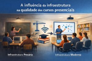 Ilustração comparando infraestrutura precária e infraestrutura moderna na qualidade de cursos presenciais, mostrando uma sala de aula antiga com tecnologia limitada e outra moderna com professor, projetor, internet e alunos usando laptops.