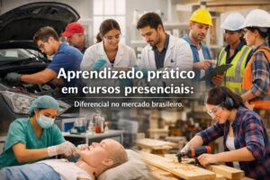 Aprendizado prático em cursos presenciais no Brasil com estudantes em atividades técnicas, incluindo mecânica automotiva, enfermagem com simulação clínica, construção civil e trabalho em laboratório, destacando formação profissional e capacitação prática no mercado brasileiro.