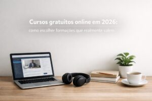 Notebook exibindo plataforma de cursos online gratuitos em 2026 sobre mesa de trabalho com fones de ouvido, livros, planta e café, representando estudo remoto, educação digital e aprendizado online no Brasil.