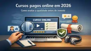Ilustração sobre cursos online pagos em 2026 mostrando laptop com plataforma de ensino, avaliação por estrelas, certificado, selo de qualidade e lupa analisando conteúdo, representando como avaliar a qualidade de cursos antes de investir