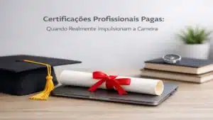 Certificações profissionais pagas com diploma sobre notebook, capelo de formatura e livros ao fundo, ilustrando quando cursos e certificações realmente impulsionam a carreira profissional