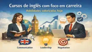 Ilustração de curso de inglês voltado para carreira profissional mostrando professora com headset e aluno trabalhando no laptop, com ícones de comunicação, liderança e negociação, além de elementos como Big Ben e gráficos de crescimento