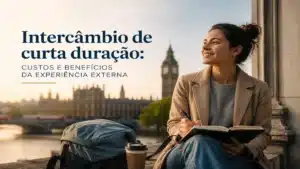 Estudante em intercâmbio de curta duração escrevendo em um caderno próximo ao Big Ben em Londres, representando os custos e benefícios da experiência internacional.