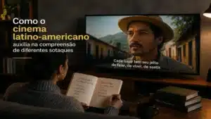 Pessoa assistindo a um filme latino-americano enquanto estuda diferentes sotaques da América Latina em ambiente aconchegante e cinematográfico. Imagem editorial sobre aprendizado de idiomas, compreensão de variações linguísticas, diversidade cultural, cinema latino-americano, pronúncia regional e imersão cultural por meio de produções audiovisuais.
