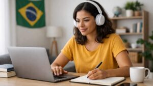 Jovem com camiseta amarela e fones brancos usando laptop, escrevendo em caderno, com bandeira do Brasil ao fundo.