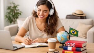 Mulher sorrindo com fones brancos, escrevendo em caderno, com livros, globo e café na mesa clara.