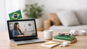 Notebook com aula online, caneca branca, livros, óculos, fones e bandeira do Brasil na mesa de madeira clara.