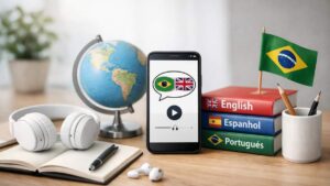 Celular com app de tradução, livros de idiomas, globo terrestre, fones, caderno, caneta e bandeira do Brasil.